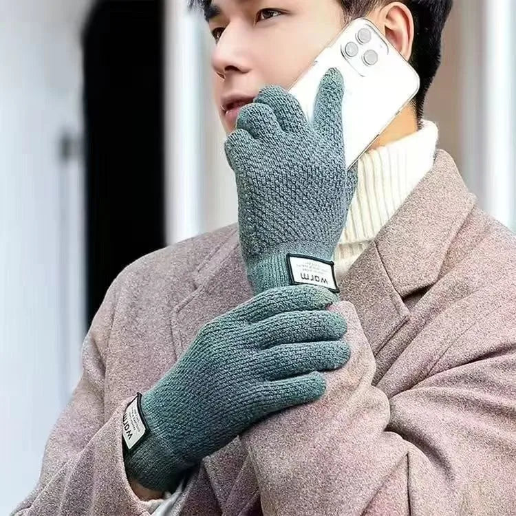 Knitted wool gloves non-slip five-finger plus velvet finger touch screen gloves for men and women autumn and winter Korean version of thick warm cycling gloves