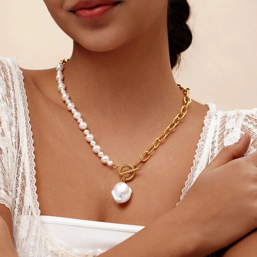 Baroque Style Modern Style Geometric Artificial Pearl Titanium Steel Beaded Chain Paperclip Chain OT Clasp Toggle Clasp Closure Beaded Necklaces Wholesale