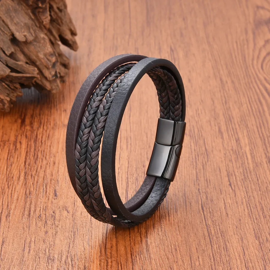 Casual Simple Style Classic Style Geometric 304 Stainless Steel Leather rope Layered Men's Bracelets