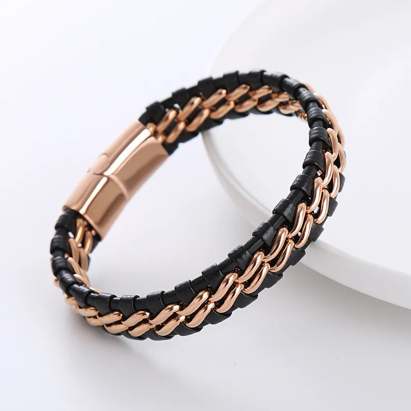 1 piece simple style geometric stainless steel leather patchwork men's bracelets