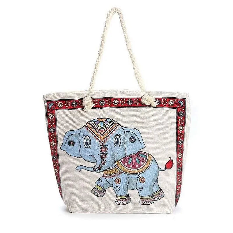 Women's Large Canvas Animal Cartoon Vacation Ethnic Style Bucket Zipper Tote Bag