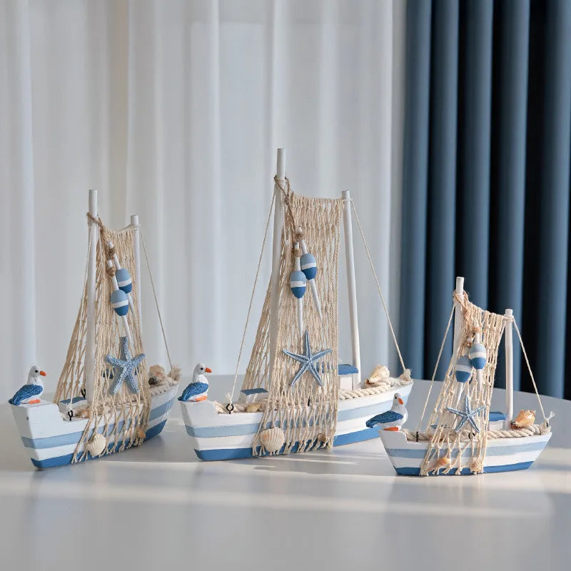 Mediterranean Sailing Boat Model Wooden Craft Ship Desk Decoration Ocean Style Smooth Sailing Ornament Small Bird Boat