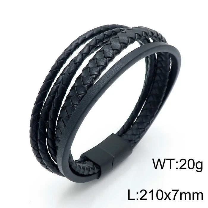 punk classic style streetwear geometric stainless steel pu leather men's bangle