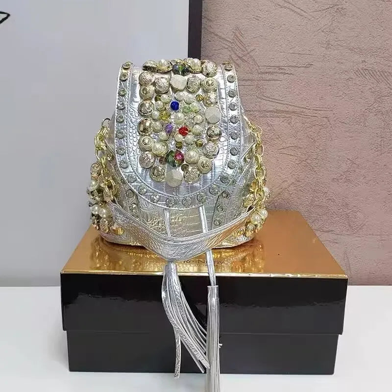 Personality Women's Bag Multi-use Bag  New Style Small Barrel Bag Handmade Beaded Rhinestone Fashionable Shoulder Crossbody Bag