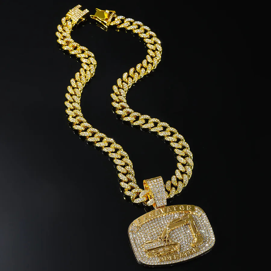 New Full Diamond Excavator Card Pendant Matching Cuban Link Chain  Hip Hop Nightclub Disco Dancing Decorative Necklace