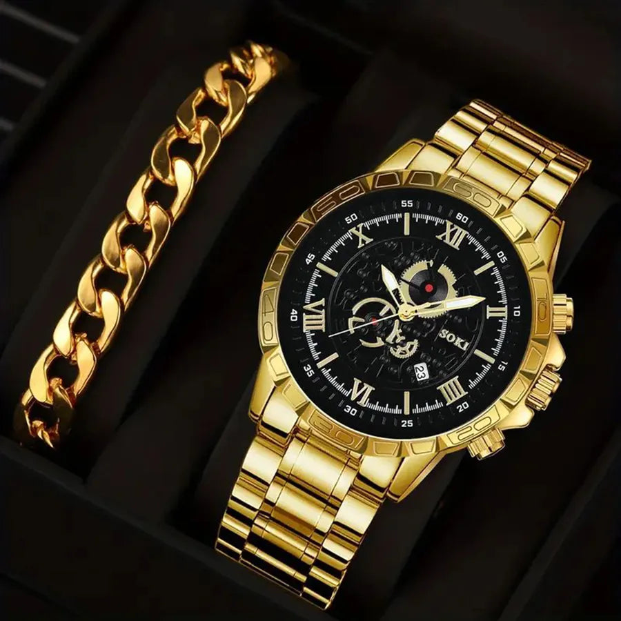 casual solid color buckle quartz men's watch & bracelet set