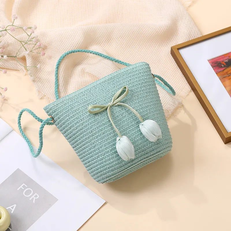 Summer Beach Seaside Tulip Straw Woven Bag  New Children Flower Straw Bag Mobile Phone Crossbody Bag