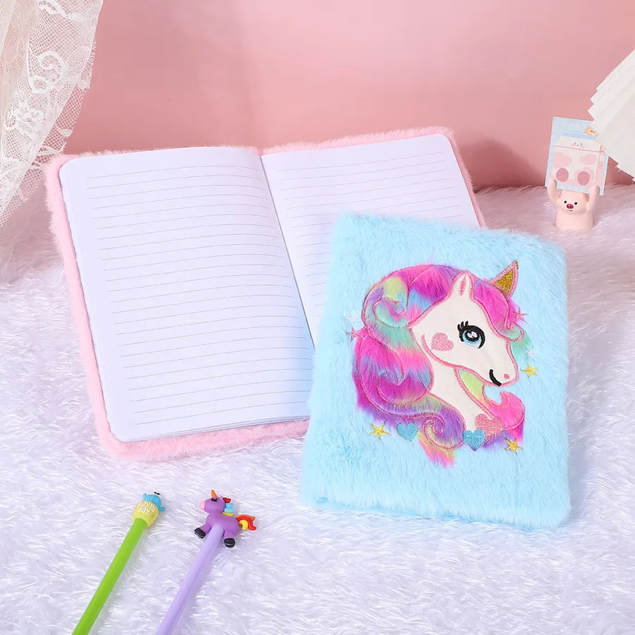 Adorable Cartoon  Shiny Plush Notebook Student Bullet Journal Bright Color  and White Base  and Pink Base