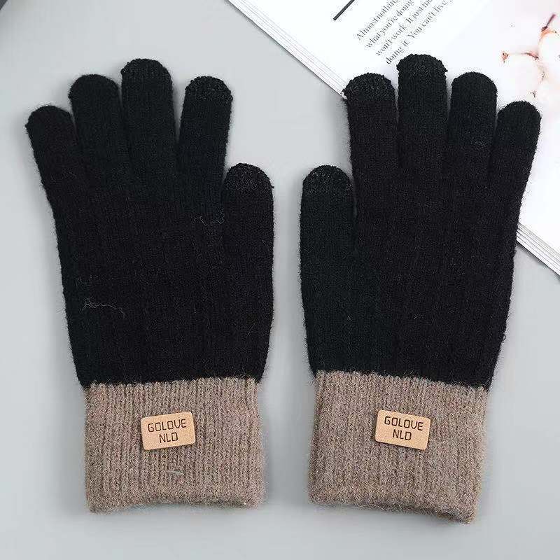 In stock autumn and winter women's knitted gloves fleece-lined thick warm cold-proof outdoor finger touch screen gloves
