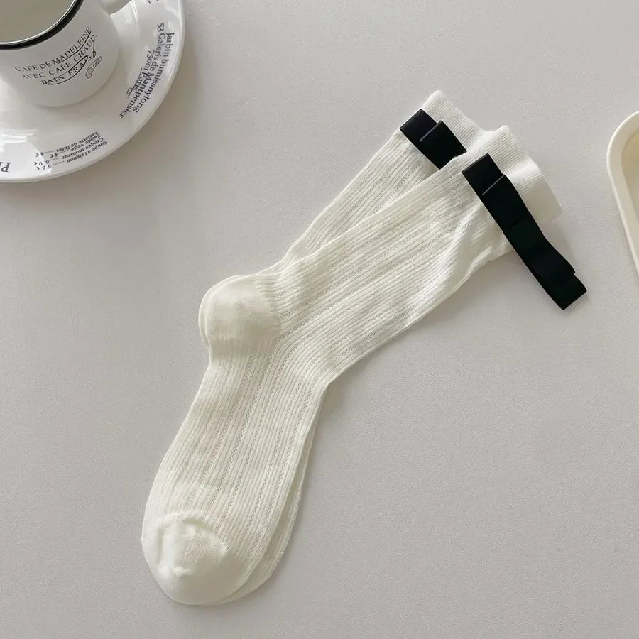 A Pair Basic Simple Style Women's Solid Color Bow Knot Cotton Crew Socks