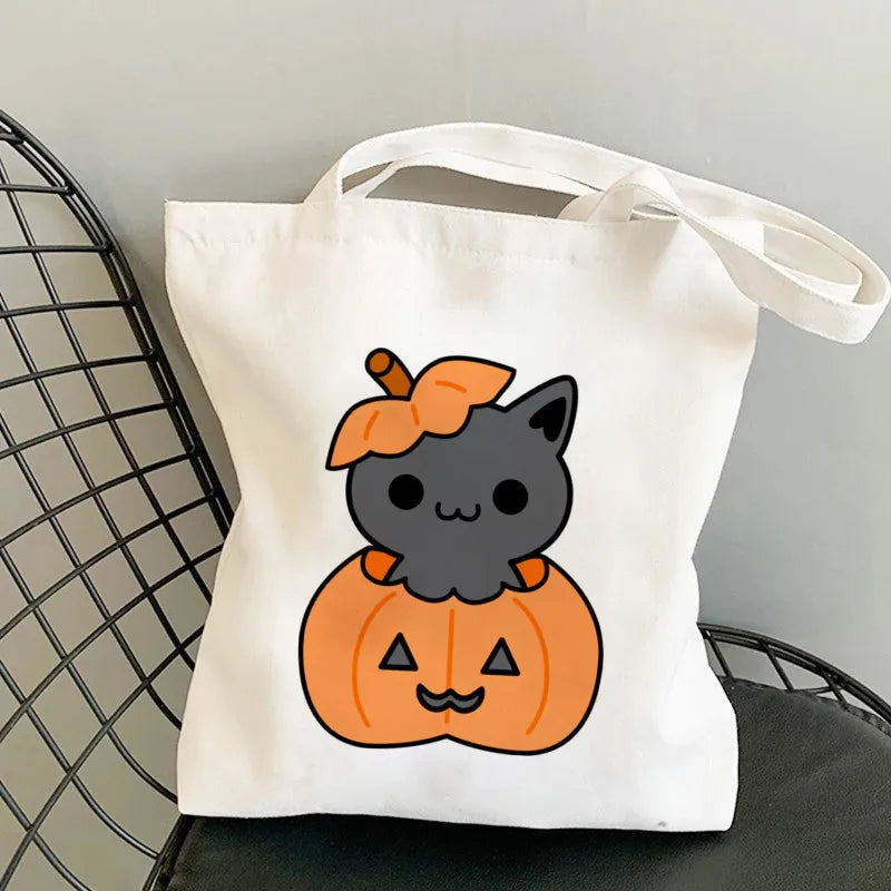 Halloween Women's Medium Canvas Pumpkin Cat Cute Square Open Underarm Bag