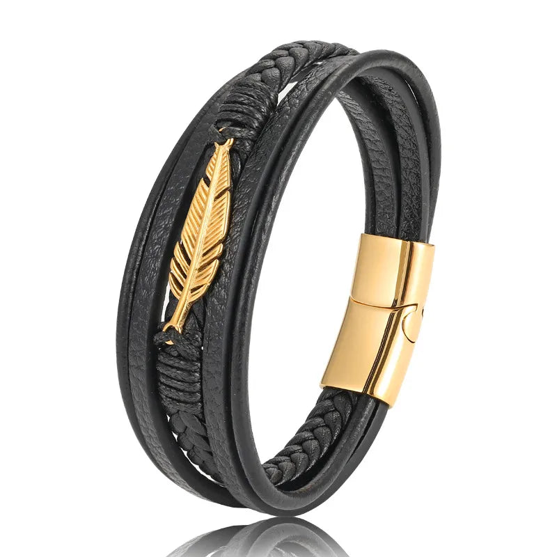 Vintage Style Classic Style Geometric Pu Leather Titanium Steel Woven Chain Wrap Bracelets Wholesale