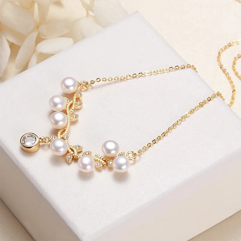 Freshwater Pearl Copper cable chain Geometric Pendant Necklace
