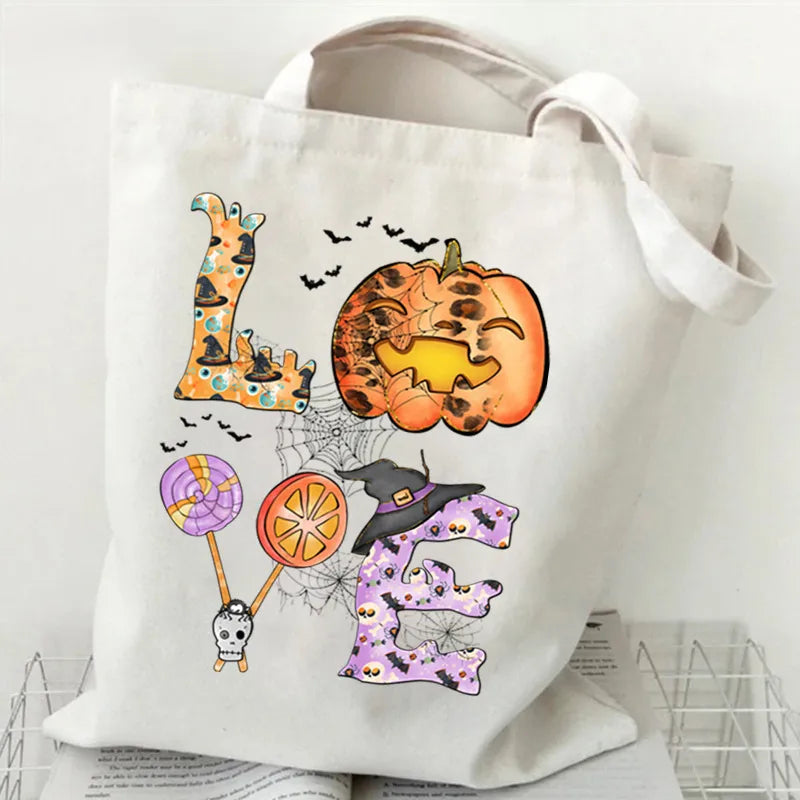 Halloween Cartoon Pumpkin Decorative Canvas Bag Student Handbag Shopping Commuter Bag Large Square Fashion Tote Bag