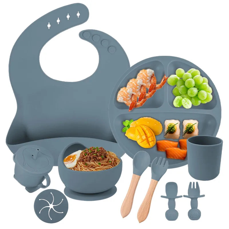 Baby silicone tableware suit baby learning to eat food supplement tableware self-eating sucker bowl integrated children's plate