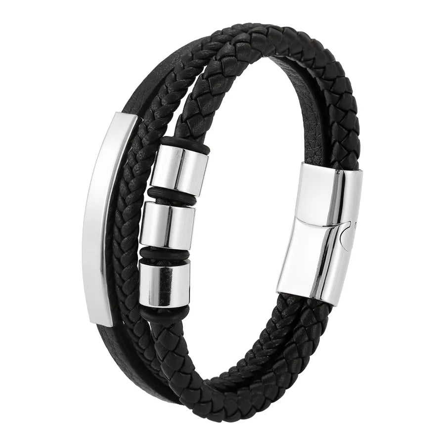 Titanium Steel Woven Stainless Steel Bracelet Men's Titanium Steel Magnetic Buckle Multi-Layer Leather Bracelet Wholesale