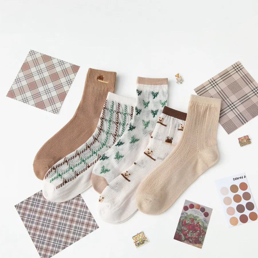 5 Pairs Cute Modern Style Women's Cherry Flower Cotton Crew Socks