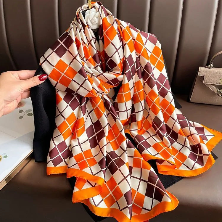 women's fashion letter plaid satin printing silk scarves