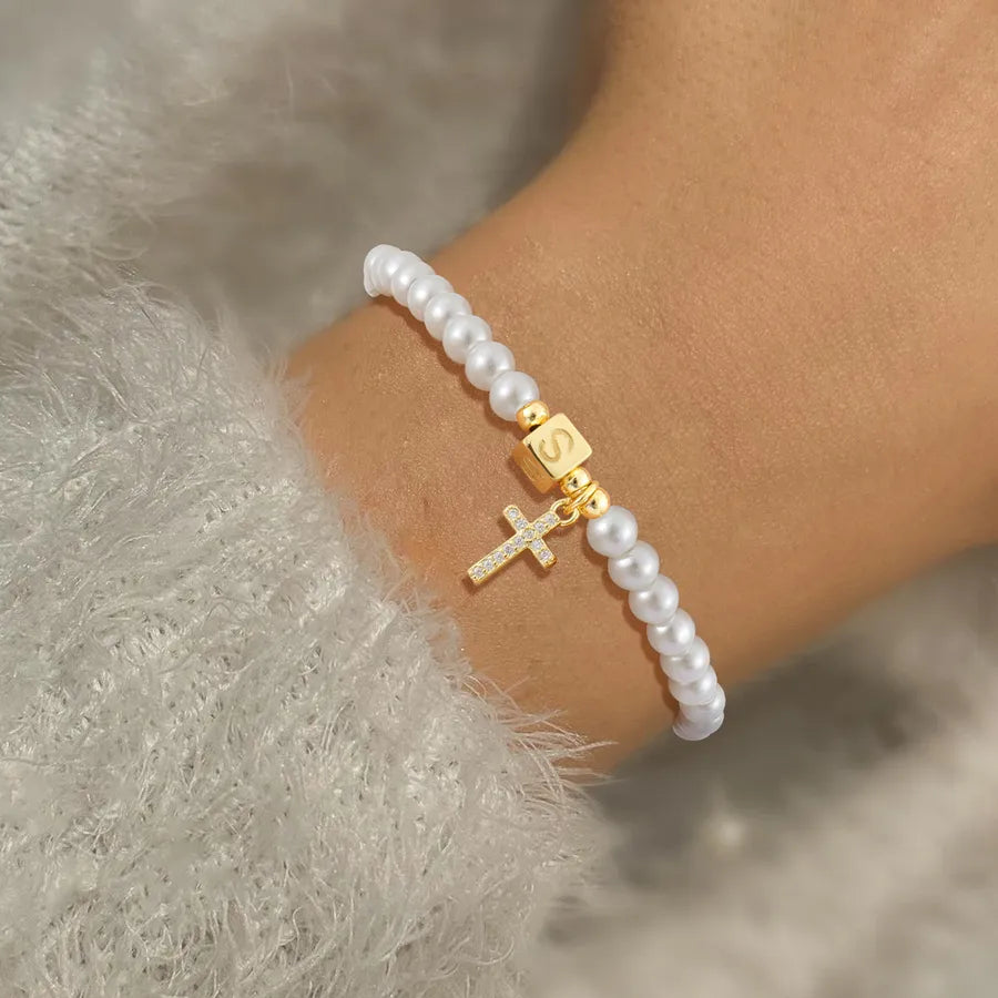 Casual Elegant Classic Style Cross Letter 304 Stainless Steel Artificial Pearl Copper Beaded Chain Beaded Bracelets Wholesale