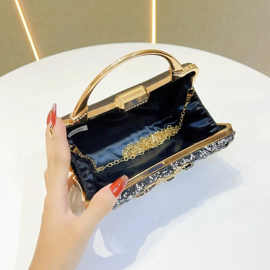 New Heavy Work Diamond Embedded Evening Bag Women's Wedding Banquet Match Cheongsam Handbag Square Shape Single Shoulder Strap