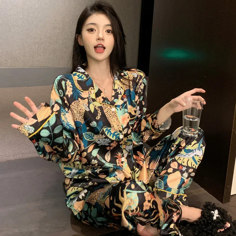Pure Color Lace Splice Smooth Ice Silk Sleepwear Set Women Long Sleeve Long Pants Two Piece Set High-End Sensation Home Clothes