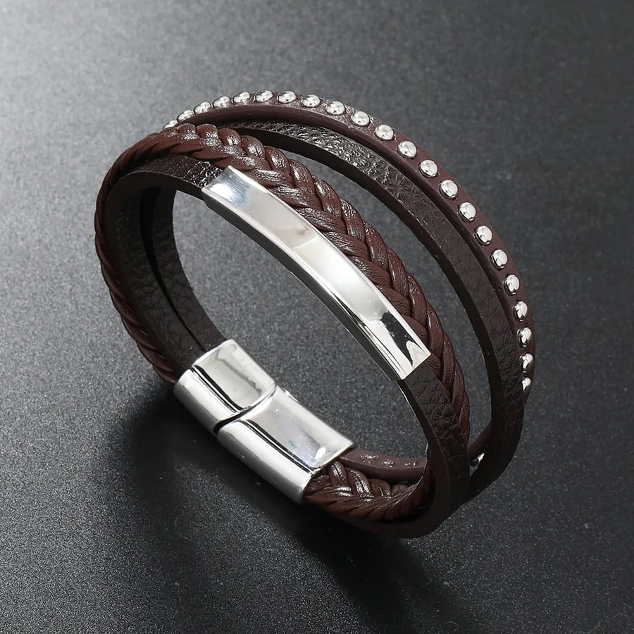 Retro Solid Color Stainless Steel Pu Leather Unisex Bracelets