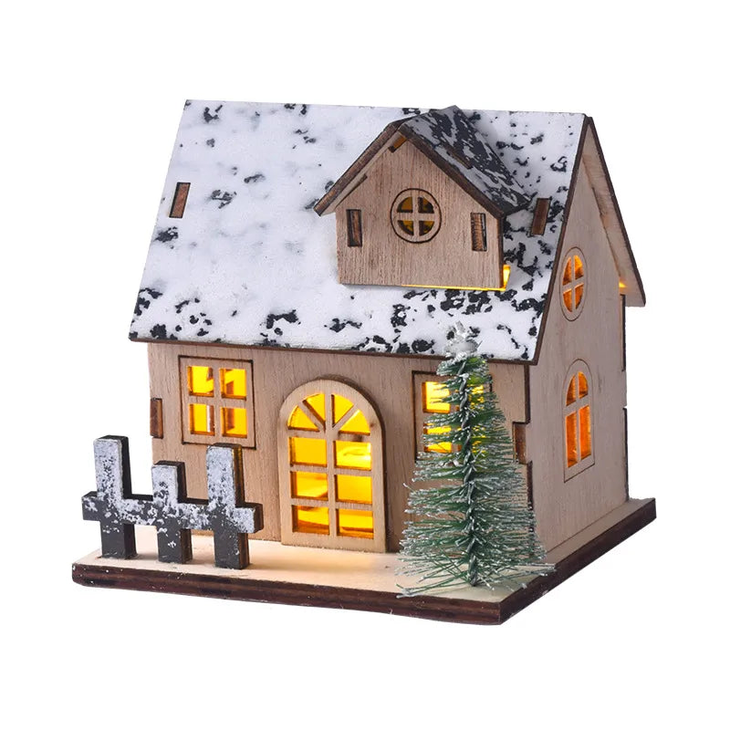 Christmas Decorative LED Lighted Wooden Cabin Tabletop Display Christmas Decoration Wooden Material Illuminated Little House