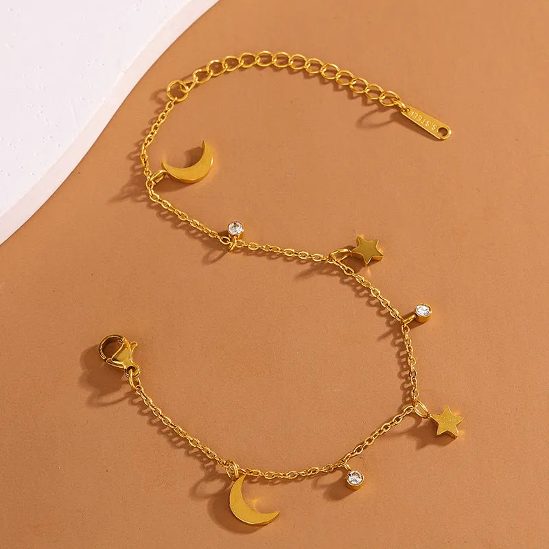 Casual Cute French Style Star Moon Heart Shape 304 Stainless Steel 18K Gold Plated O-shaped chain Bracelets In Bulk