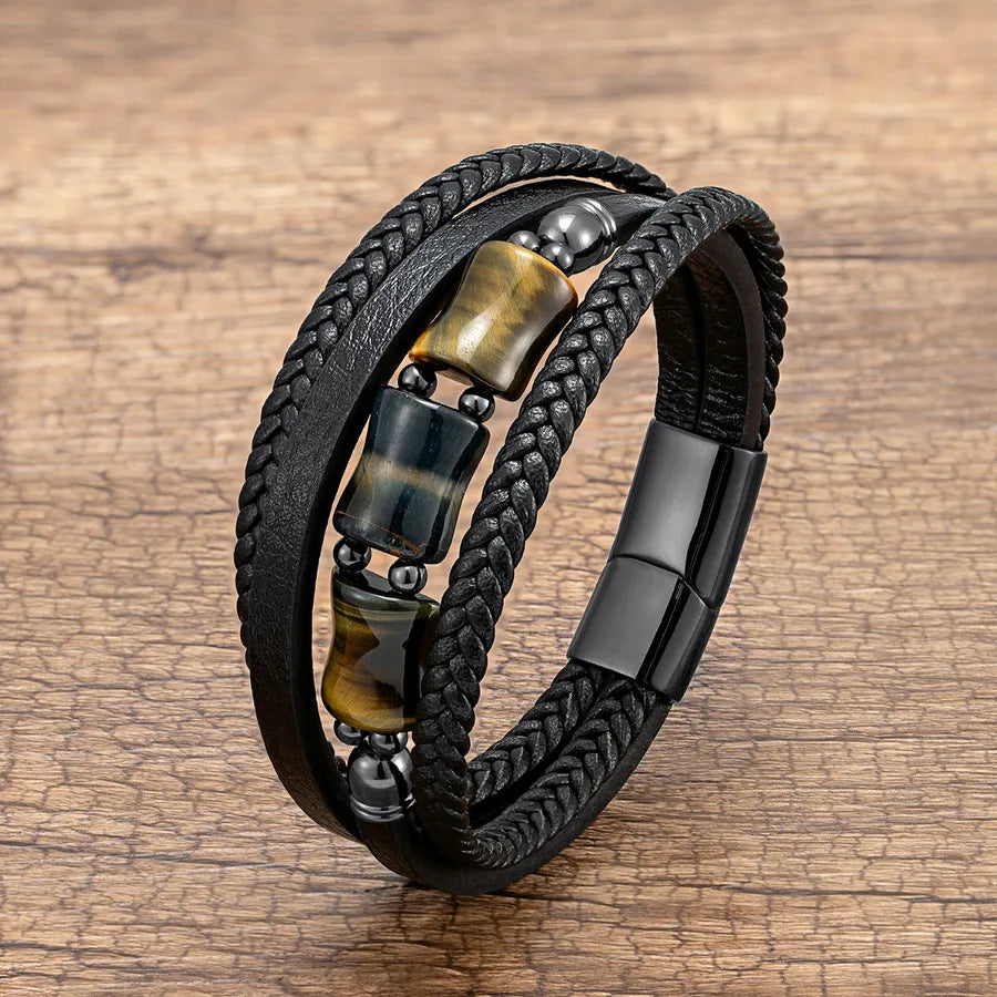 vintage style punk geometric leather rope stone metal layered handmade men's bracelets