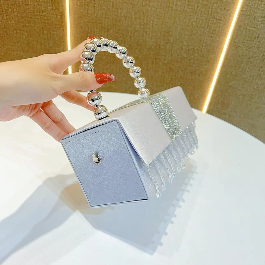New Pearl Box Shiny Sequin Small Square Bag Evening Party Handbag Crossbody Shoulder Bag Glittering Tassel Silk Square Bag