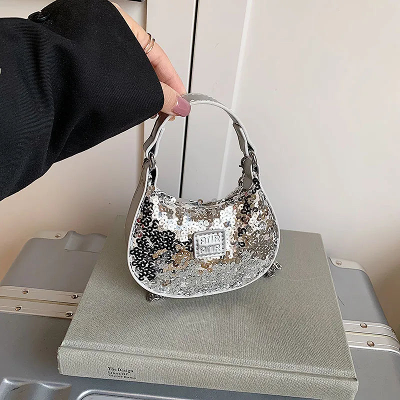 Women's Sequin Pu Leather Solid Color Streetwear Sewing Thread Oval Zipper Handbag Crossbody Bag