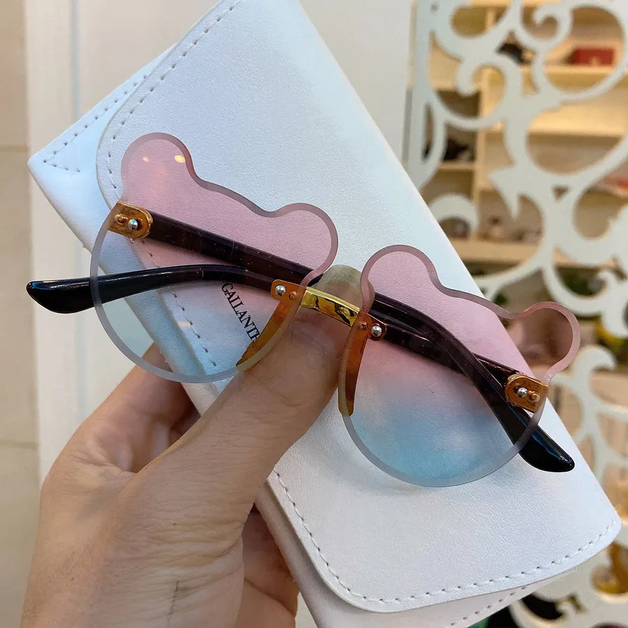 Fashion Cartoon Bear Children's Rimless Sunglasses with Colorful Gradient Cat Ear Design Cute Frameless Sunglasses