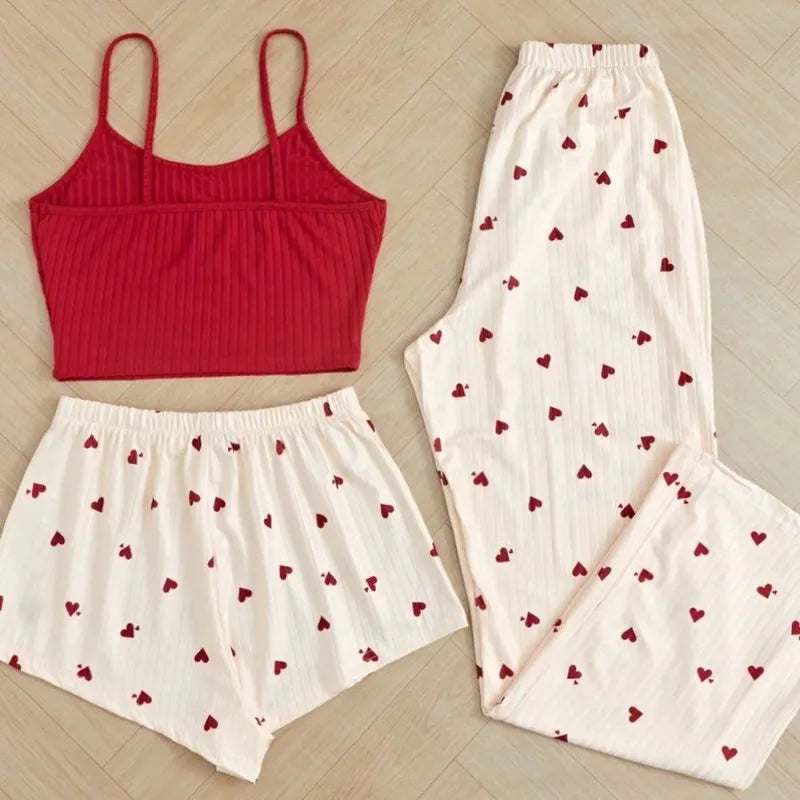 New Heart Shaped Women's Sleepwear Set Cute Summer Home Clothes Three Piece Sweet Style Comfortable Sexy V Neck Sleeveless