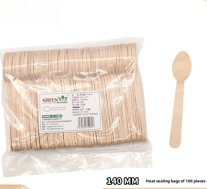 160mm disposable fork spoon Wood environmentally friendly degradable milk tea cold drink tasting takeaway spoon fast food 100