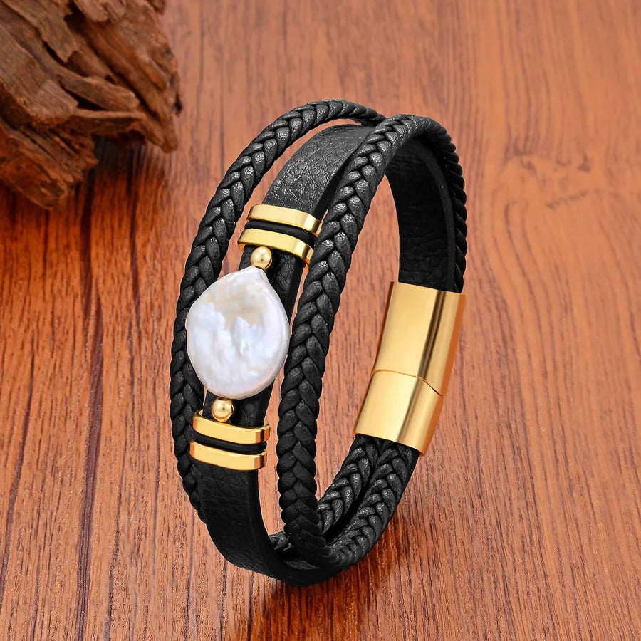 Vintage Style Classic Style Round Pearl Leather rope Metal Wholesale Bracelets