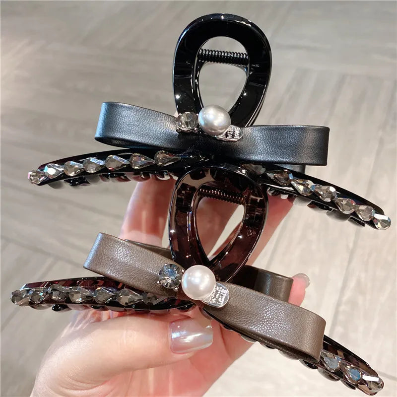 Large Size Pearl Rhinestone Leather Butterfly Knot Hair Clip Women Sweet Shark Clamp Back Of Head Updo Hair Accessory
