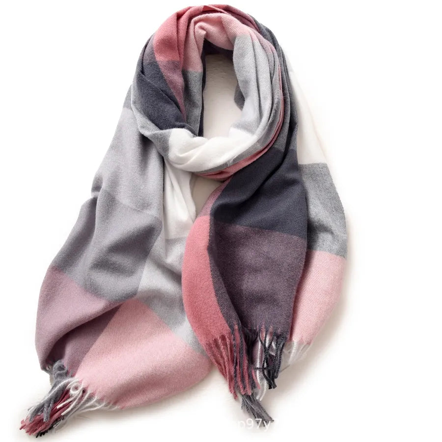 women's retro plaid imitation cashmere tassel winter scarves