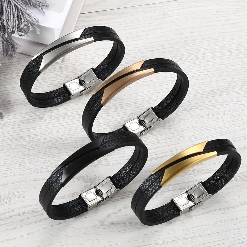 Ethnic Style Solid Color Pu Leather Titanium Steel Men's Bracelets Men Cord & Leather Bracelets