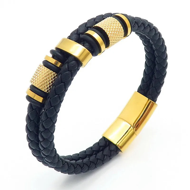 retro geometric pu leather titanium steel knitting plating men's wristband
