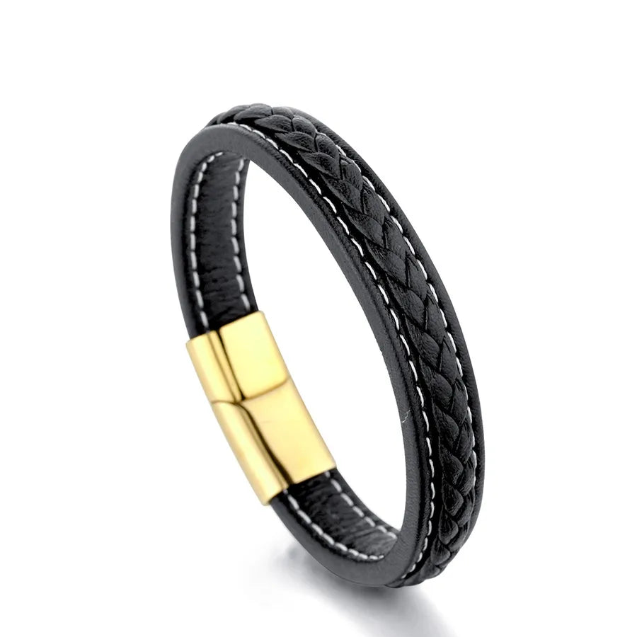 Wholesale Jewelry Classic Style Solid Color Pu Leather Titanium Steel 18K Gold Plated Polishing Bracelets