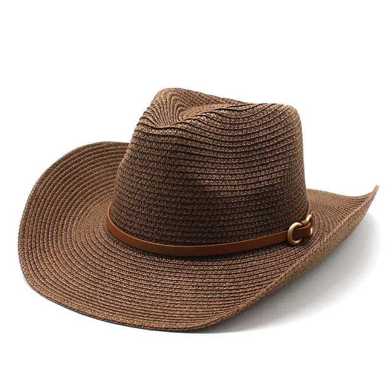 women's cowboy style solid color flat eaves straw hat