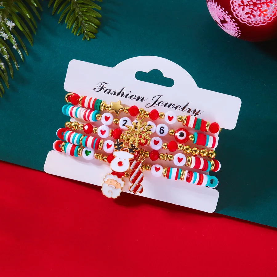 Christmas Themed Bracelet Set Snowflake Santa Pendant Elastic Rope Chain Adjustable Clasp Soft Ceramics Alloy Festive Jewelry