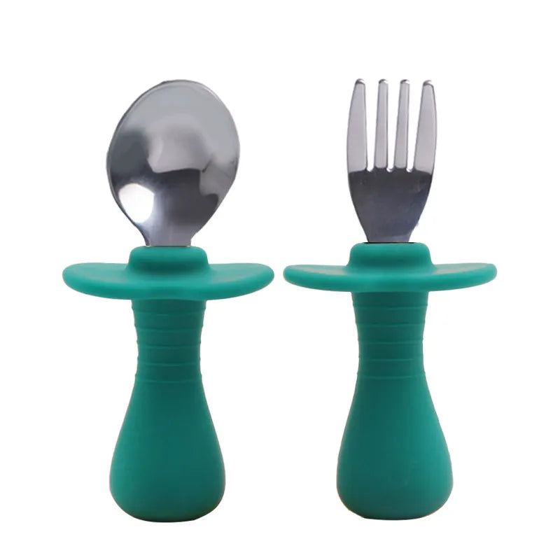Baby Silicone Fork Spoon Children's Stainless Steel Training Short Fork Spoon Children's Tableware Set Portable Short Handle Fork Spoon