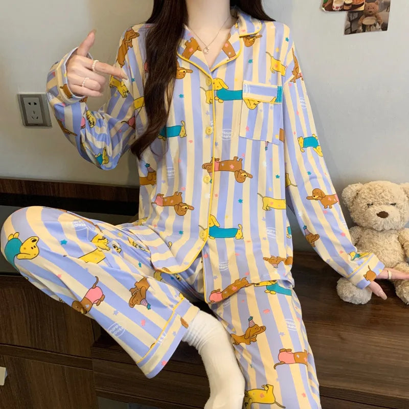 Purple Heart Sweet Style Women's Sleepwear Long Sleeve Home Clothes Spring Autumn High Sensation Dormitory Outdoor Wear Set