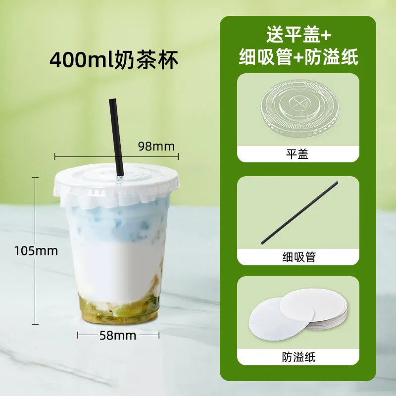 in stock wholesale disposable cup milk tea batch with lid thickened transparent plastic cup stall store packing cup