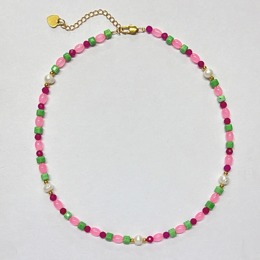Sweet Color Block natural stone Freshwater Pearl Titanium Steel Necklace In Bulk