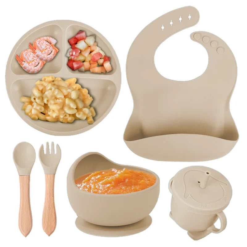 Baby silicone tableware suit baby learning to eat food supplement tableware self-eating sucker bowl integrated children's plate