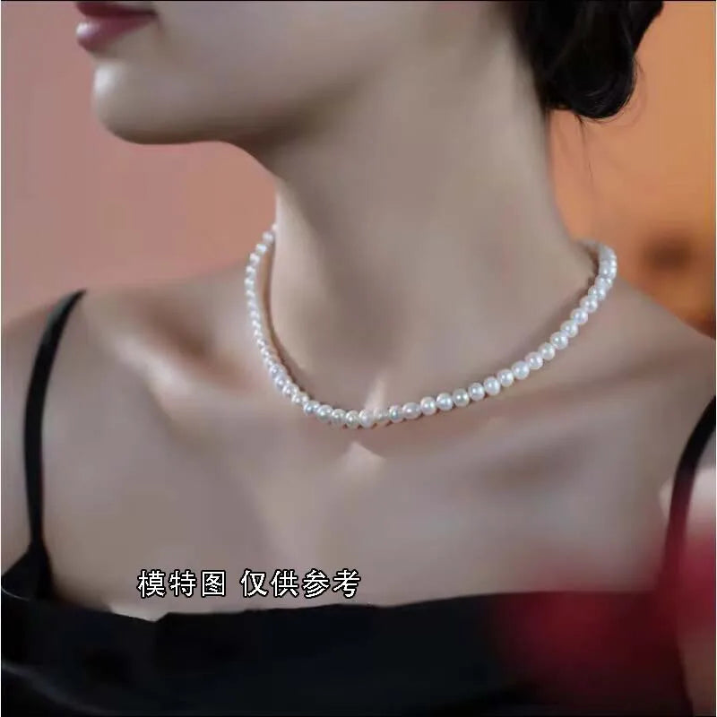 Natural Freshwater Pearl Necklace For Women 7mm Near Round White Bright Luster Screw Pearl Lightweight Clavicle Chain Necklace