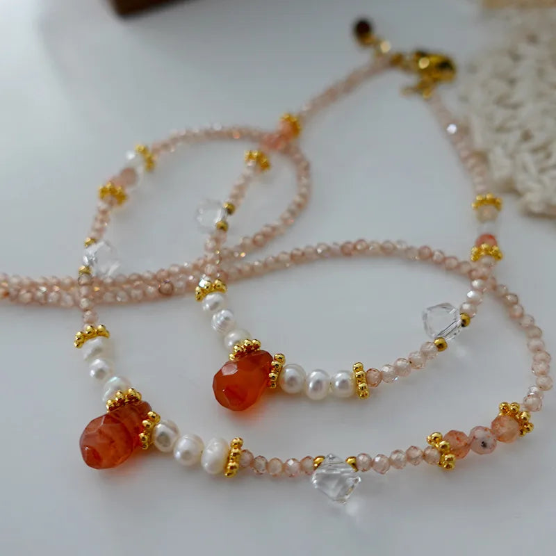 Retro Japanese Style Geometric natural stone Freshwater Pearl Agate Pendant Necklace In Bulk