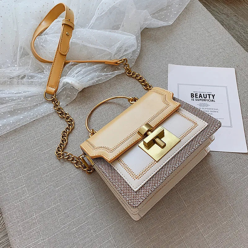 women's small pu leather color block fashion square lock clasp handbag